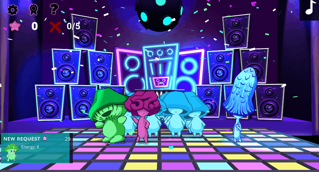 Algo-Rhythm Game. A GIF containing animated mushrooms dancing in a dancefloor with giant speakers behind them. Confetti is falling as they dance.